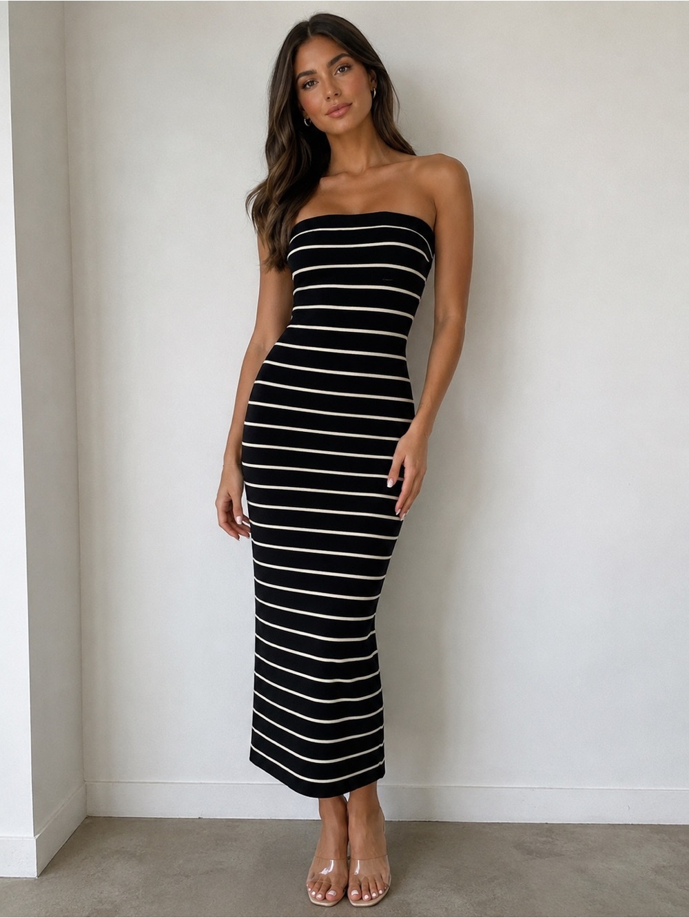 Abercrombie Strapless Black & Cream Stripe Bodycon Maxi Dress